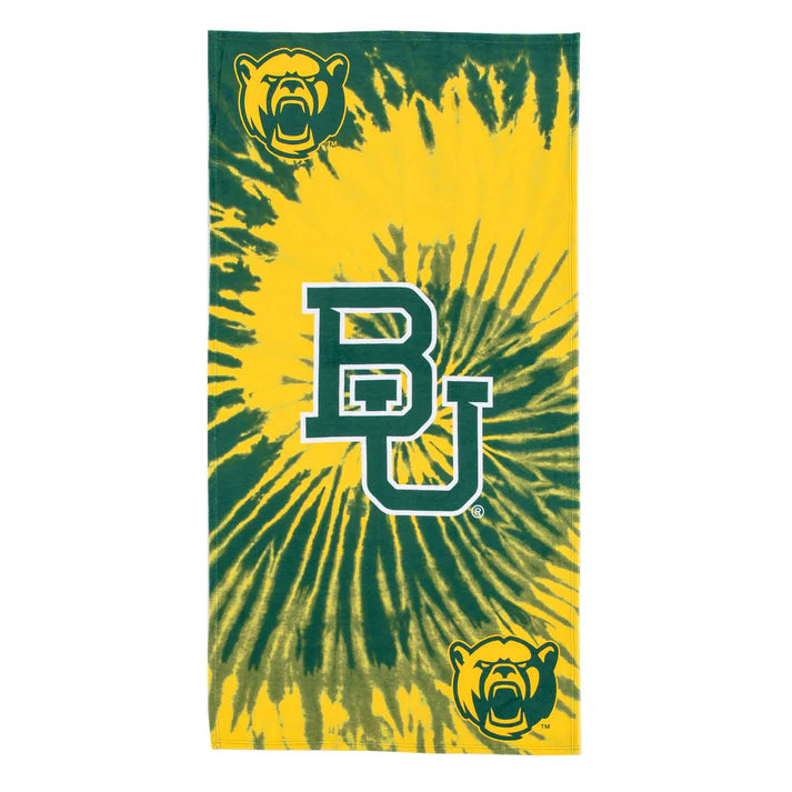 Baylor Bears tie-dye beach towel, 30x60 inches, with team logo. Soft, lightweight cotton-poly blend, perfect for pool or beach. Group