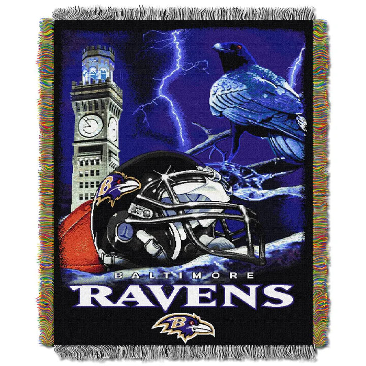 Baltimore Ravens Home Field Advantage Tapestry, 48"W x 60"L, by The Northwest. Features team graphics, decorative fringes, and is machine washable.