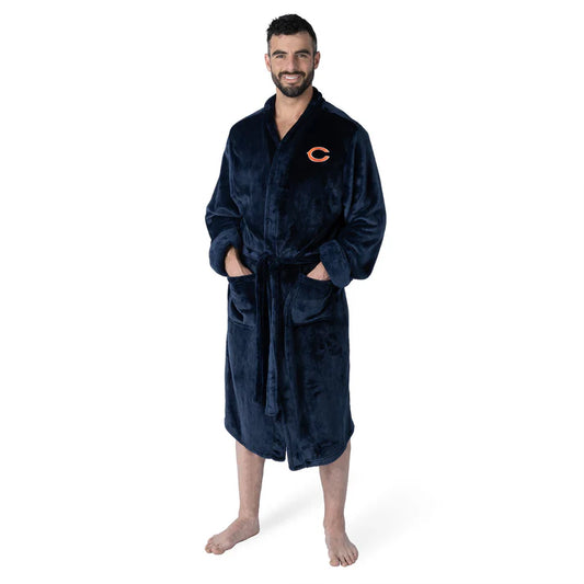 Chicago Bears bathrobe, soft silk-touch, embroidered logo on chest, adjustable belt, dual pockets, NFL licensed, fits L/XL fans.