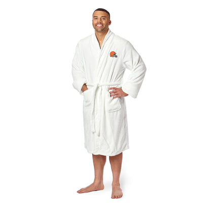 Cleveland Browns silky NFL bathrobe with embroidered logo and pockets for cozy team comfort. Grab yours now!