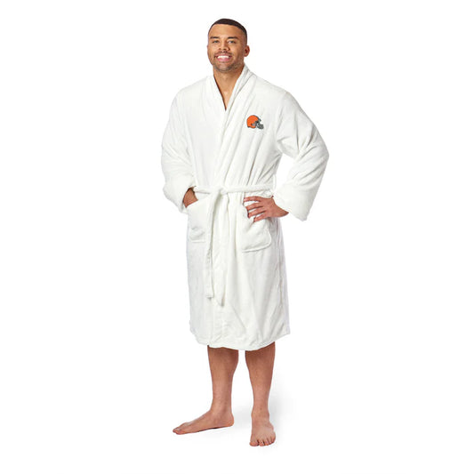 Cleveland Browns silky NFL bathrobe with embroidered logo and pockets for cozy team comfort. Grab yours now!