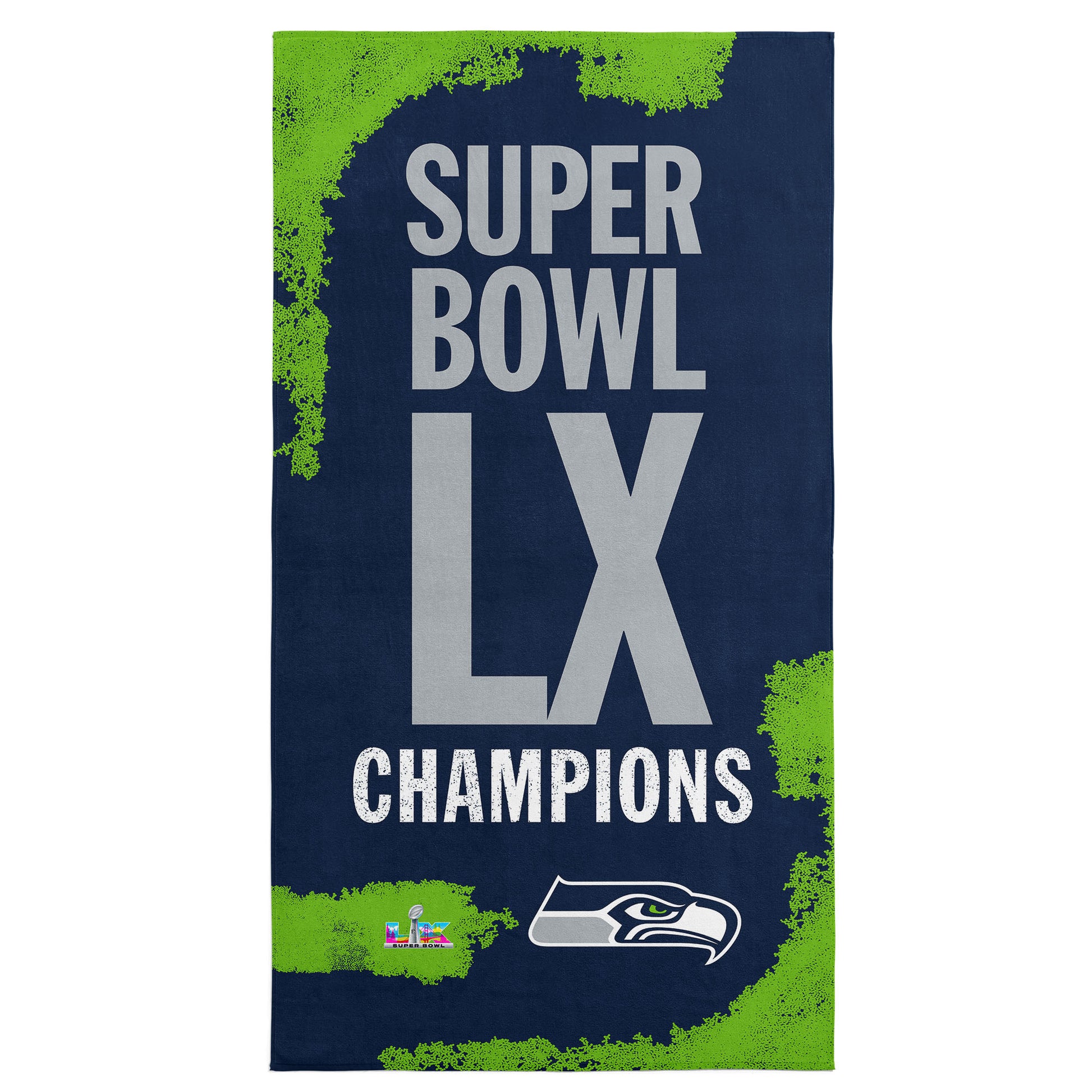 Seattle Seahawks Super Bowl LX Champions Barbary beach towel front view, bold vertical graphics and official team logos