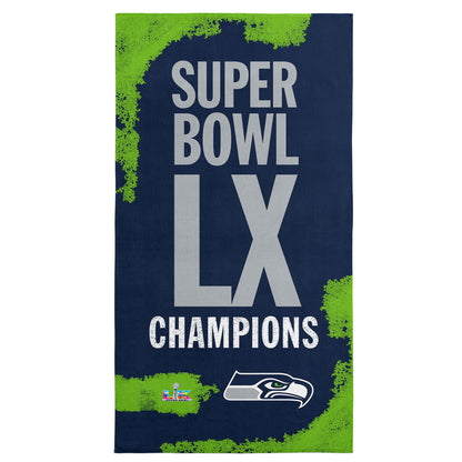 Seattle Seahawks Super Bowl LX Champions Barbary beach towel front view, bold vertical graphics and official team logos