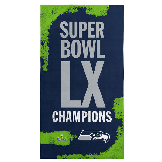 Seattle Seahawks Super Bowl LX Champions Barbary beach towel front view, bold vertical graphics and official team logos