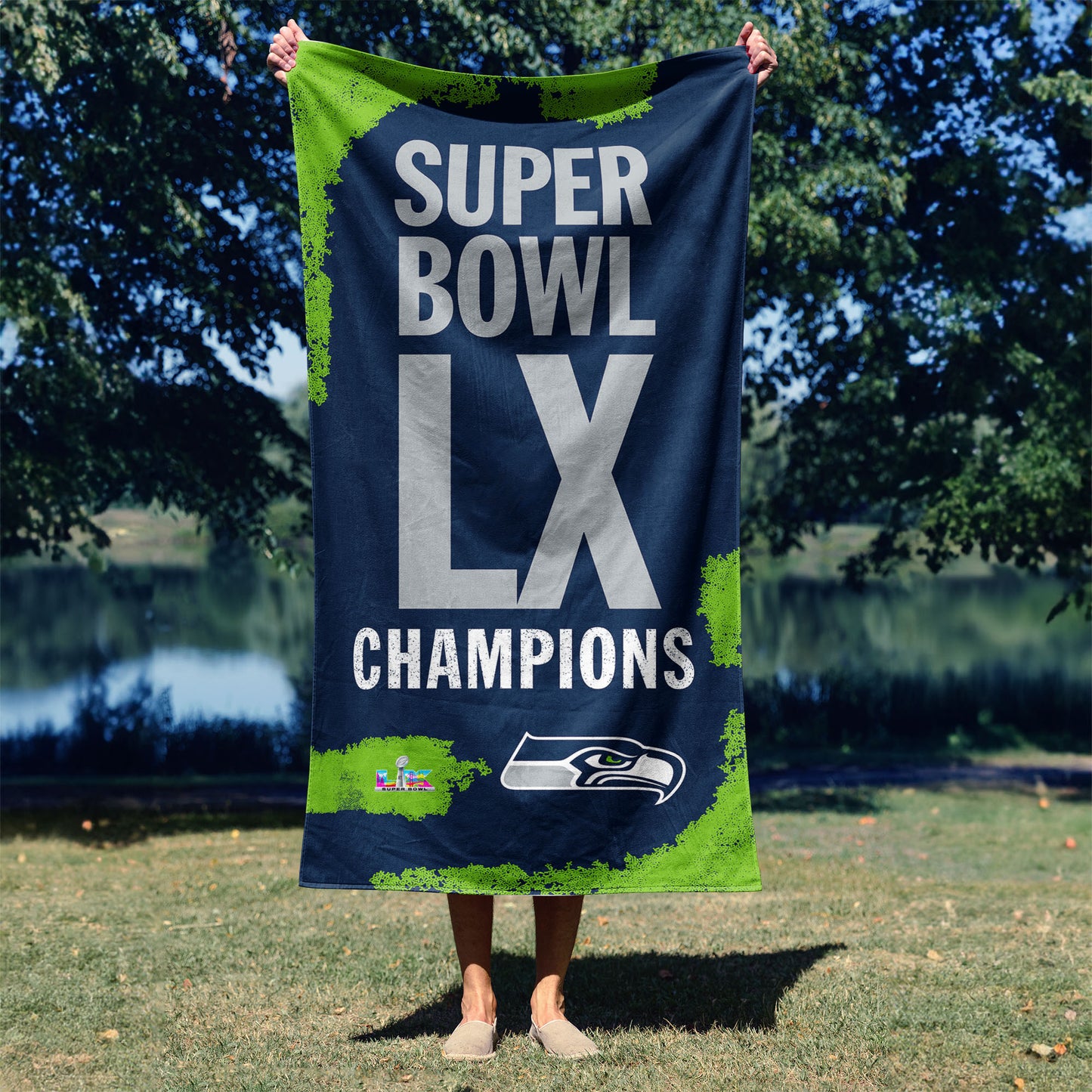NFL Super Bowl 2026 Seattle Seahawks Champs Barbary Beach Towel - 30x60 inches