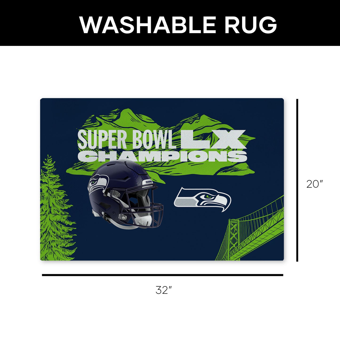 NFL Super Bowl 2026 Seattle Seahawks Champs Baker Washable Rug 20x32 inches