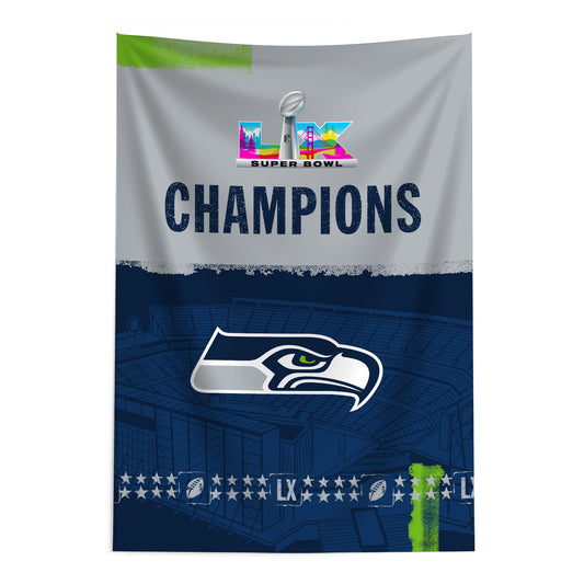 Seattle Seahawks Super Bowl LX Champions Ferry tapestry wall hanging, 24x36 inches, bold graphics, NFL licensed