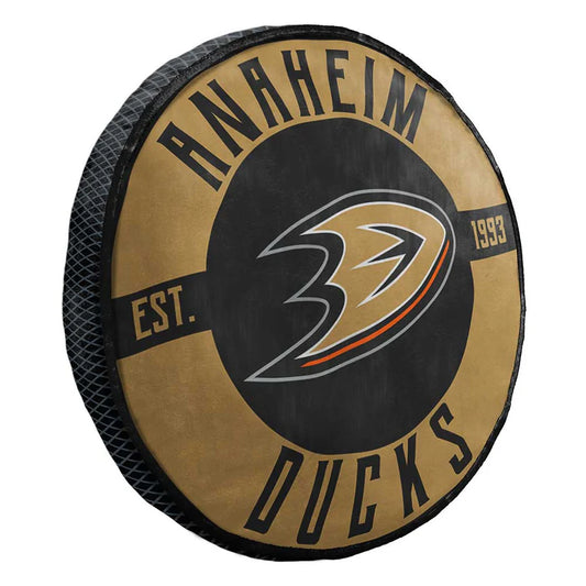 Northwest Company Anaheim Ducks 15" round pillow with team colors, graphics, and soft polyester-spandex material.