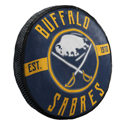 Official Buffalo Sabres round pillow, 15 inches across, featuring Sabres team colors and logo with soft, comfortable fill.