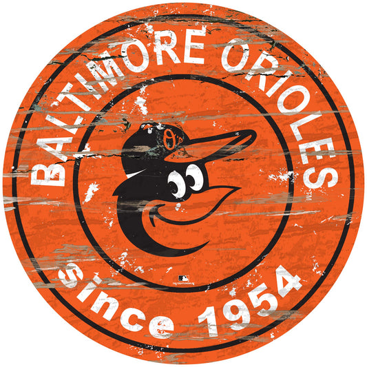 Baltimore Orioles distressed round sign, 24" diameter. Features team graphics & established date. Indoor use only. Officially licensed.