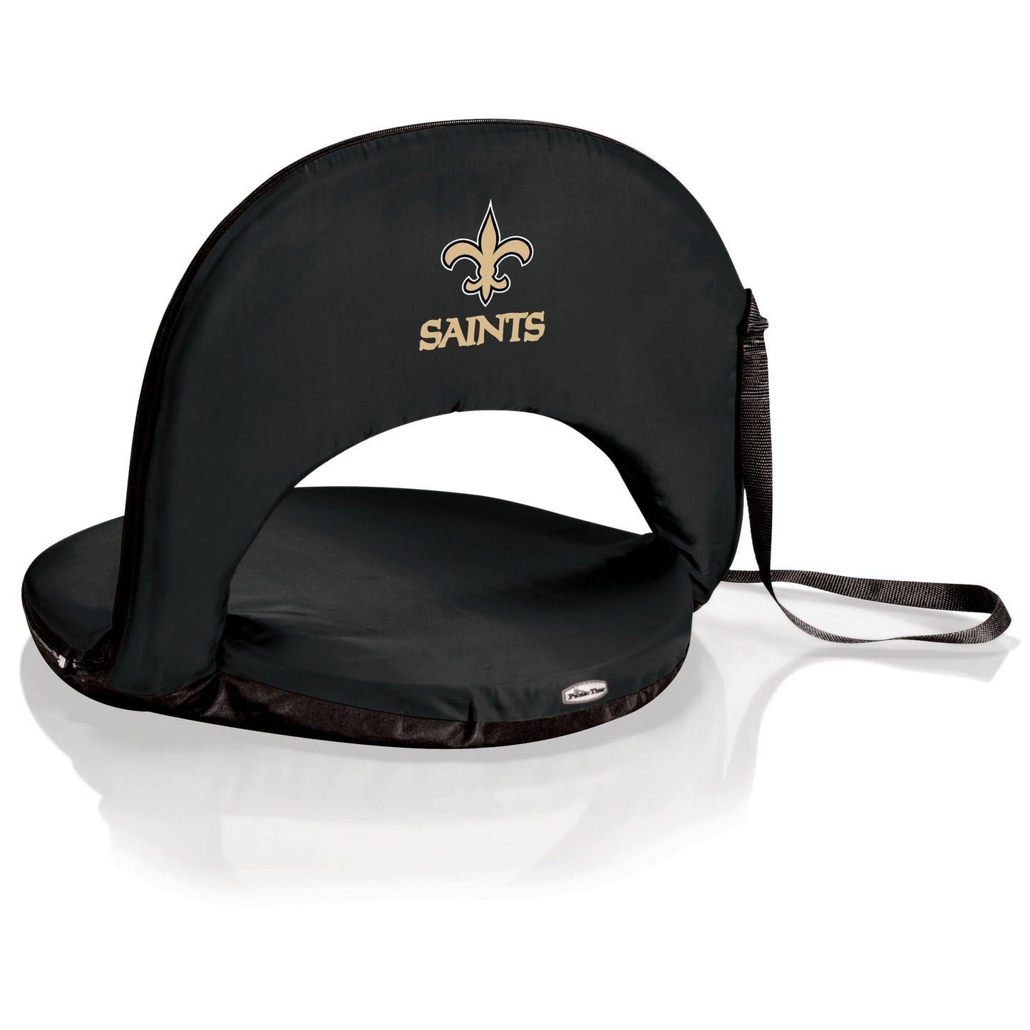 New Orleans Saints NFL Oniva reclining seat in black with cushioned steel frame, six positions, and shoulder strap