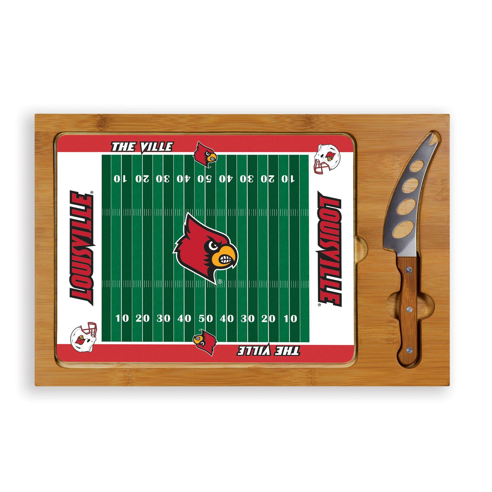 Louisville Cardinals Icon cutting board with bamboo base and stainless steel cheese knife, NCAA licensed.