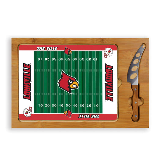 Louisville Cardinals Icon cutting board with bamboo base and stainless steel cheese knife, NCAA licensed.