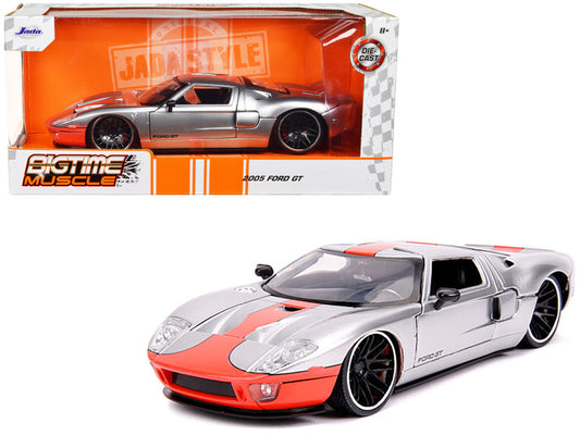 Jada 2005 Ford GT Silver with Orange Stripe, 1/24 diecast car, Bigtime Muscle series, real rubber tires, opening parts, new box.