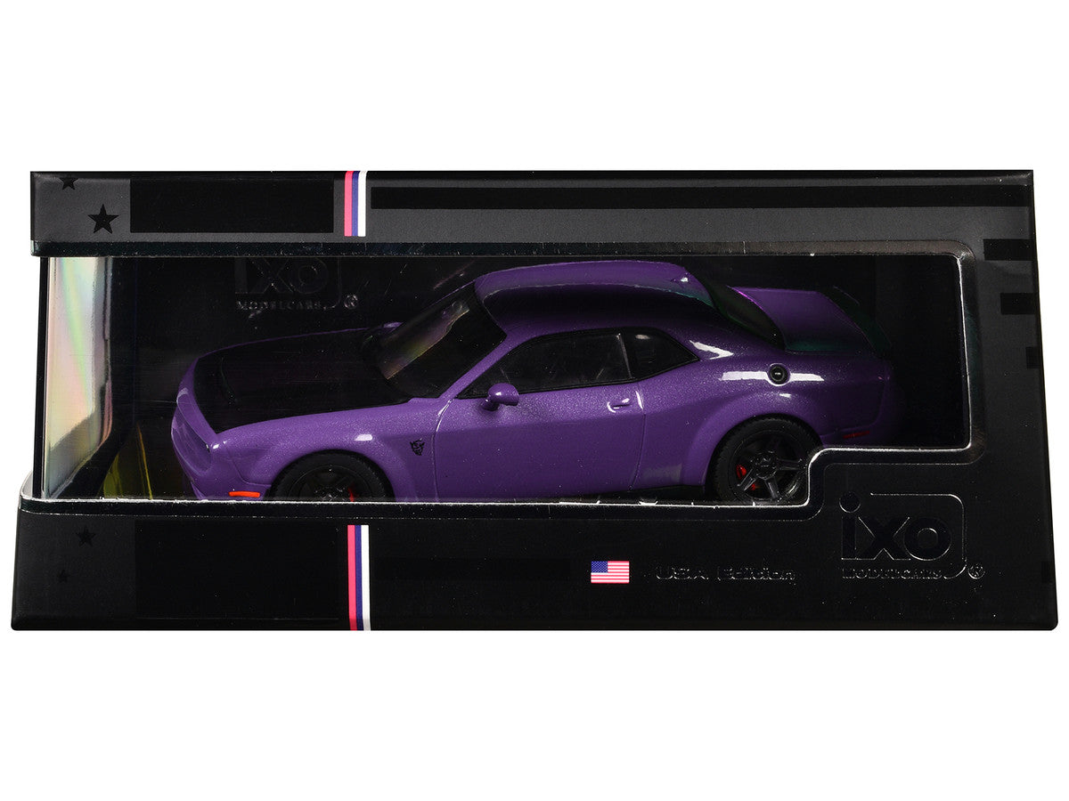 2018 Dodge Challenger SRT Demon diecast by IXO, 1/43 scale, plum crazy with matte black hood, display case included