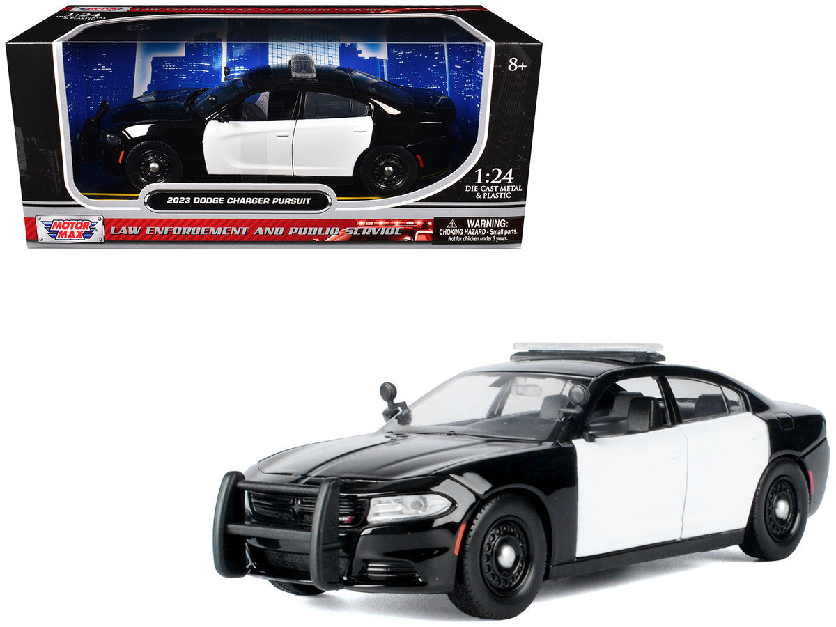 2023 Dodge Charger Police Car diecast model by Motormax, 1/24 scale, black and white, detailed with opening doors