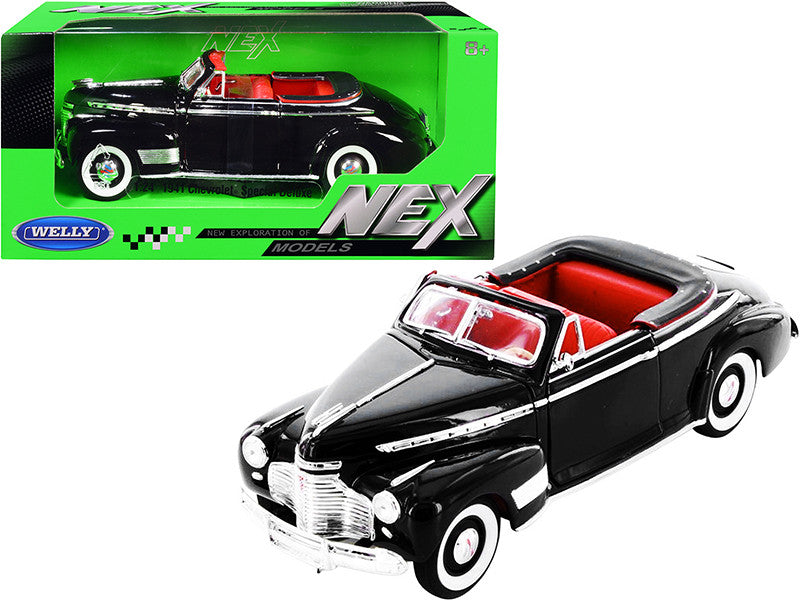 1941 Chevrolet Special Deluxe Convertible Black with Red Interior 1/24 Diecast Model Car by Welly, featuring detailed interior, opening doors, and trunk.