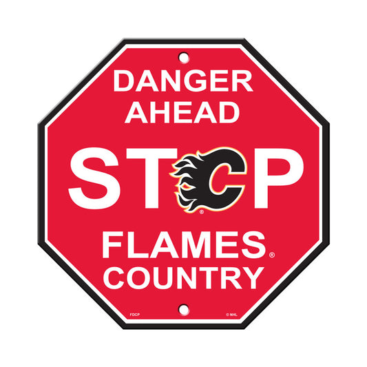 Calgary Flames 12"x12" stop sign, plastic, featuring vibrant team colors and graphics. Officially licensed by the NHL.