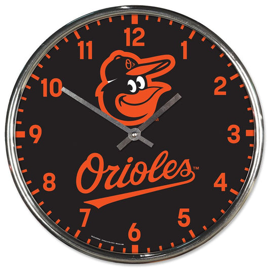  "Baltimore Orioles 12-inch round chrome wall clock by Wincraft, featuring the Orioles logo and team colors, with a sleek chrome frame for stylish timekeeping."