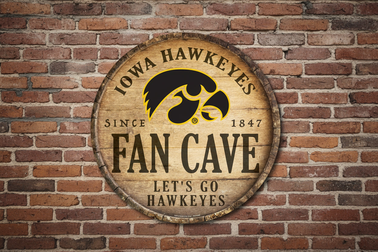 Iowa Hawkeyes NCAA round barrel top wood sign 14 inch wall decor by Wincraft hanging on brick wall