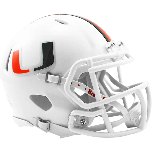 Miami Hurricanes Replica NCAA Mini Speed Helmet, 5" tall, chinstrap, metal faceguard, great for autographs.
