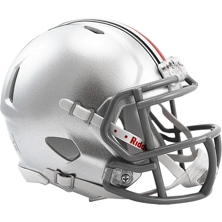 Ohio State Buckeyes Riddell mini speed helmet with metal faceguard, chin strap, foam padding, 5.5 inches tall


