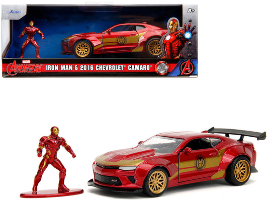 2016 Chevrolet Camaro Red Metallic and Gold and Iron Man Diecast Figure "The Avengers" "Hollywood Rides" Series 1/32 Diecast Model Car by Jada