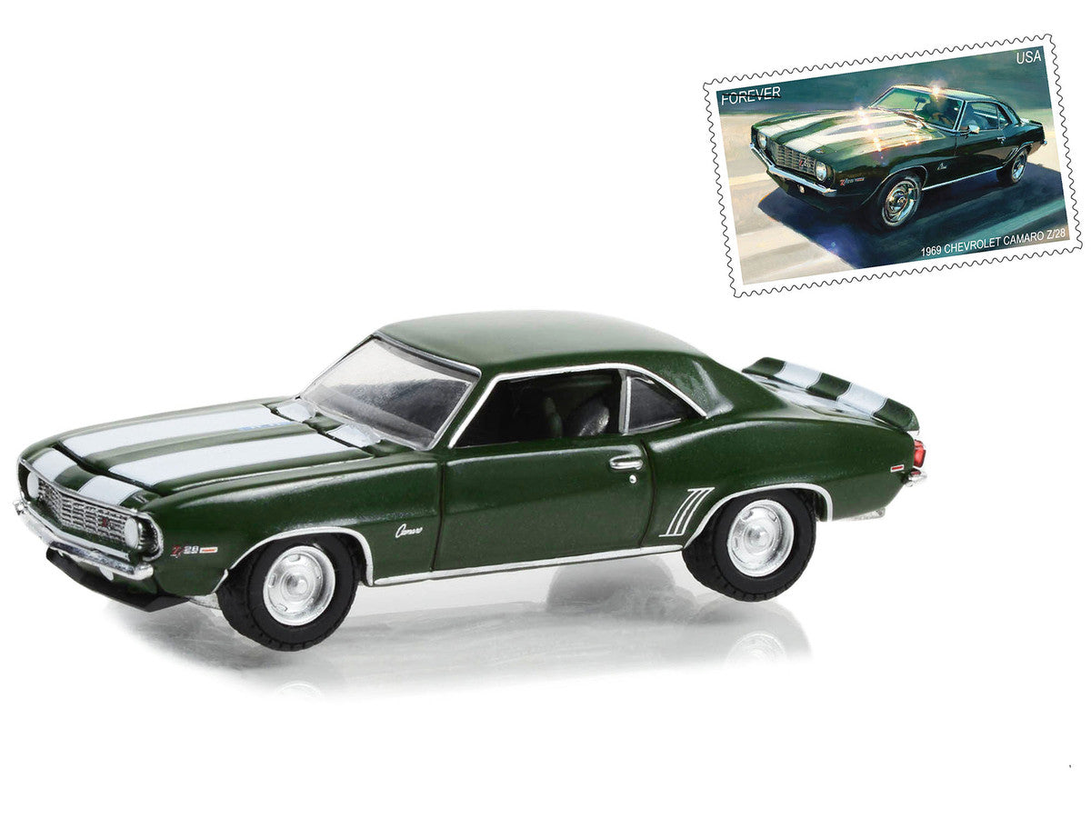 1969 Chevrolet Camaro Z/28 Green USPS "2022 Pony Car Stamp Collection by Artist Tom Fritz" "Hobby Exclusive" Series 1/64 Diecast Car by Greenlight