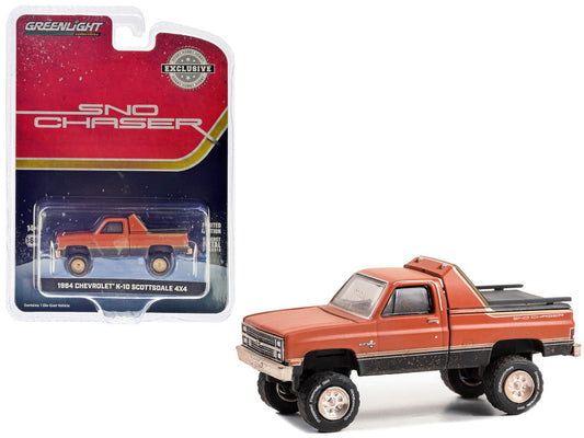 1984 Chevrolet K-10 Scottsdale 4x4 Pickup Truck Red and Black with Gold Stripes (Weathered) "Sno Chaser" "Hobby Exclusive" Series 1/64 Diecast Car