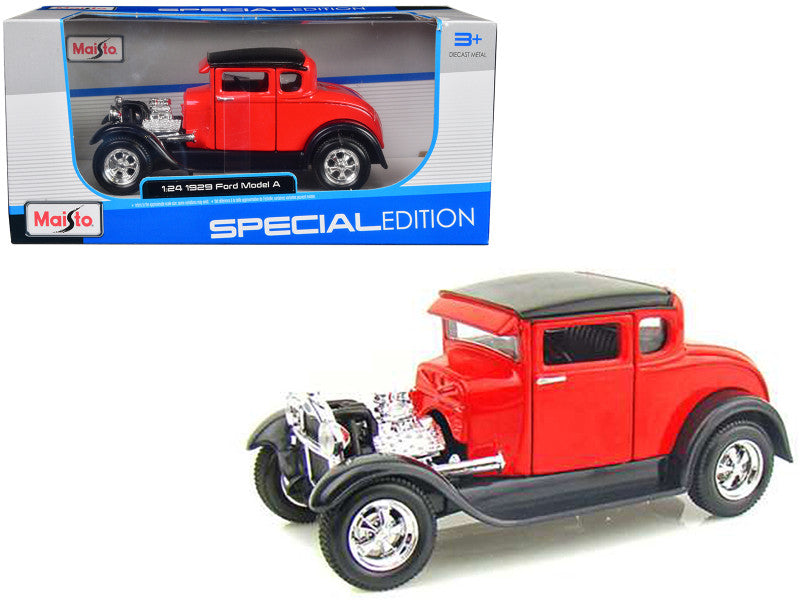 1929 Ford Model A Red 1/24 Diecast Model Car by Maisto with opening doors, detailed interior, rubber tires, and true-to-scale design.