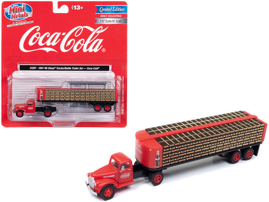 1941-1946 Chevrolet Tractor Red with Flatbed Bottle Trailer 'Coca-Cola' - Mini Metals Series 1/87 (HO) Scale Model Car