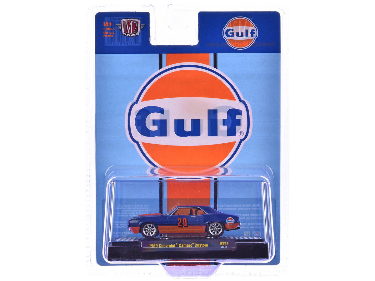1969 Chevrolet Camaro Custom #20 "Gulf Oil" Dark Blue and Orange Limited Edition to 5500 pieces Worldwide 1/64 Diecast Model Car by M2 Machines