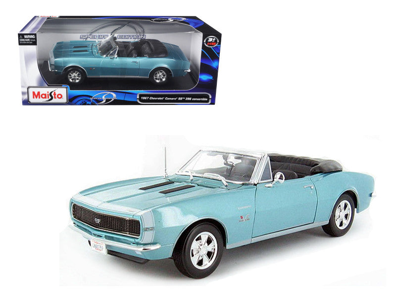 Maisto 1967 Chevrolet Camaro SS 396 Convertible diecast model car, turquoise, 1/18 scale, features opening doors, hood, trunk, and steerable wheels.