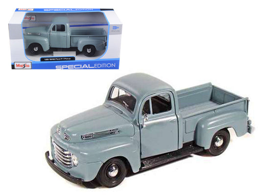 Maisto 1/25 Diecast 1948 Ford F-1 Pickup Truck in Gray. Officially licensed, detailed, new in box with rubber tires. Dimensions: L-8, W-3, H-2.75 inches.