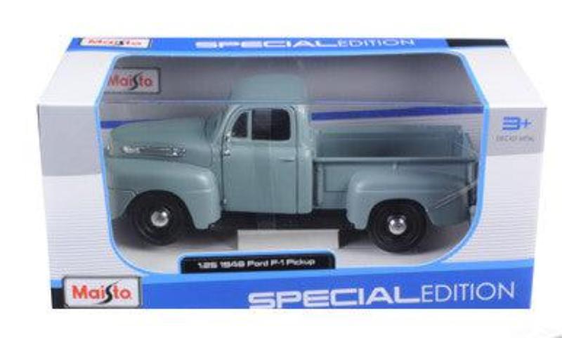 1/25 Diecast 1948 Ford F-1 Pickup Truck in Gray. Officially licensed, detailed, new in box with rubber tires. By Maisto