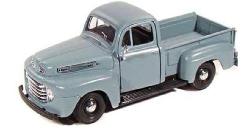 Side view - Maisto 1/25 Diecast 1948 Ford F-1 Pickup Truck in Gray. Officially licensed, detailed, new in box with rubber tires.