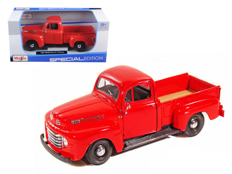 Maisto 1/25 Diecast 1948 Ford F-1 Pickup Truck in Red. Officially licensed, detailed, new in box with rubber tires.