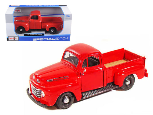 Maisto 1/25 Diecast 1948 Ford F-1 Pickup Truck in Red. Officially licensed, detailed, new in box with rubber tires. Dimensions: L-8, W-3, H-2.75 inches