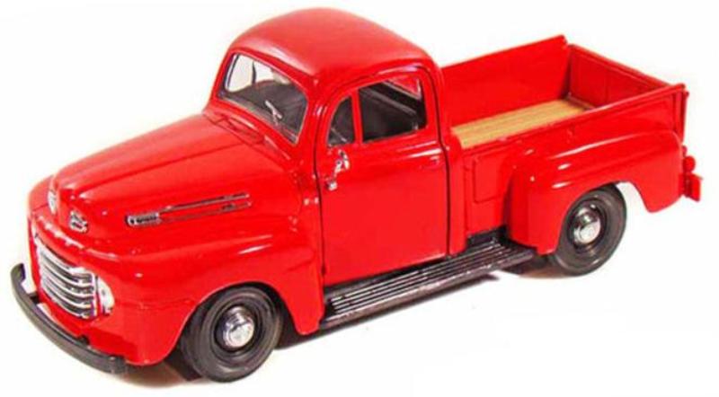 Side view of Maisto 1/25 Diecast 1948 Ford F-1 Pickup Truck in Red. Officially licensed, detailed, new in box with rubber tires.