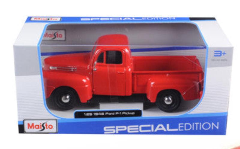 1/25 Diecast 1948 Ford F-1 Pickup Truck in Red. Officially licensed, detailed, new in box with rubber tires. By Maisto