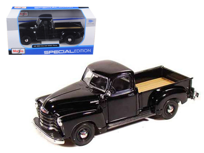 1950 Chevrolet 3100 Pickup Truck Black 1/25 Diecast Model Car by Maisto with true-to-scale detail, opening doors, and tailgate.