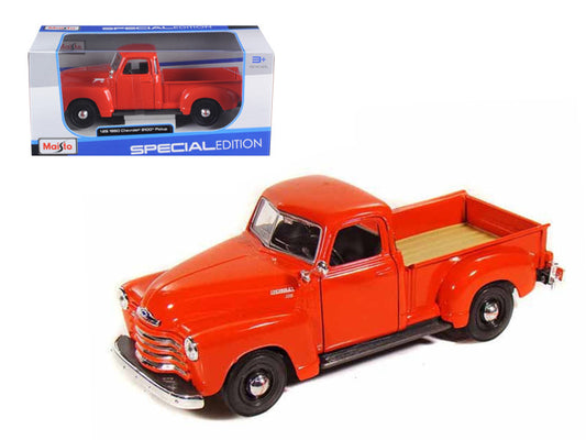 Maisto 1950 Chevy 3100 Truck, Omaha Orange. 1/25 scale diecast. Real rubber tires, opening doors. Detailed interior, exterior.