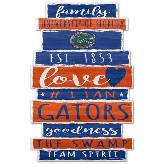 Florida Gators 11x17 Family Word Design wood sign with bold orange and blue team colors and graphics.
