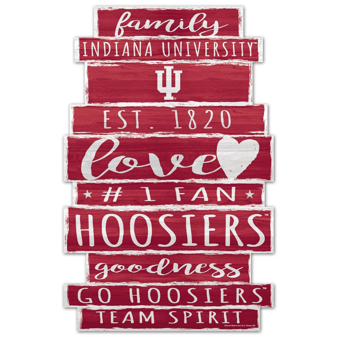 Indiana Hoosiers 11x17 wooden wall sign with family word design, team colors, and official Wincraft license