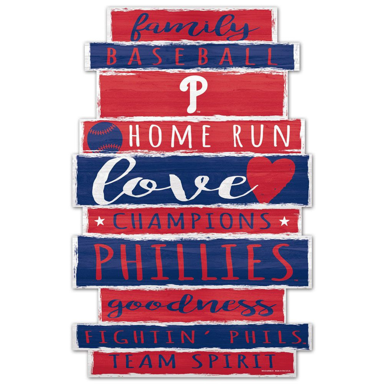 Philadelphia Phillies Family Word Design 11x17 wood sign featuring classic red team colors and bold graphics.