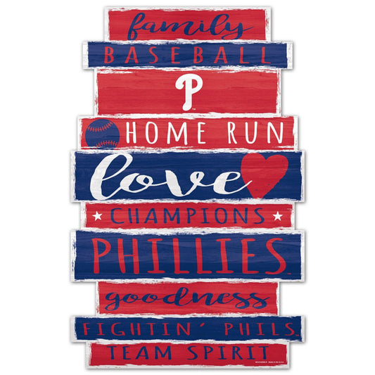 Philadelphia Phillies Family Word Design 11x17 wood sign featuring classic red team colors and bold graphics.