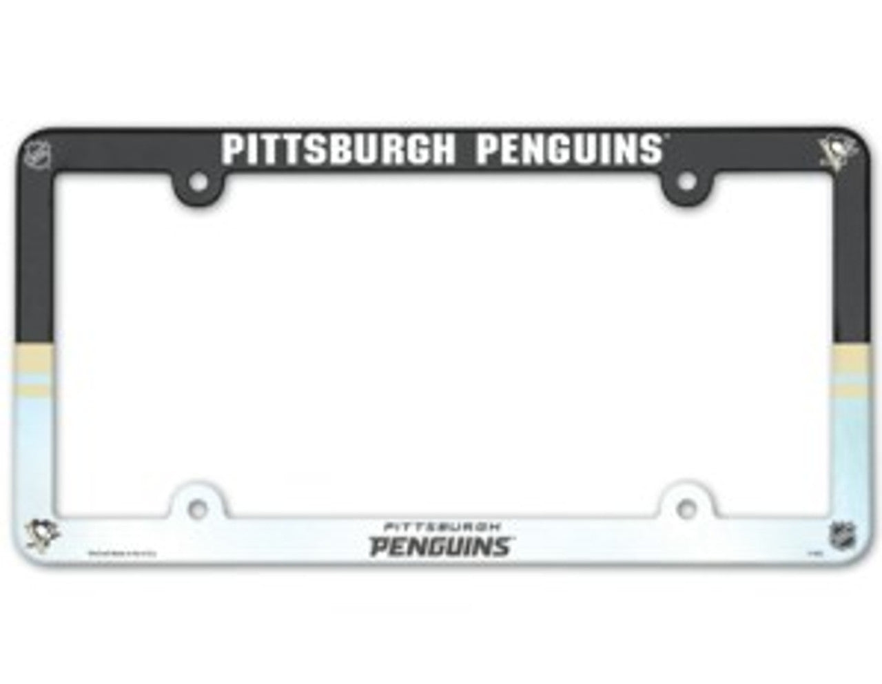 Pittsburgh Penguins full-color plastic license plate frame with team colors and logo. Fits standard plates, made in the USA.