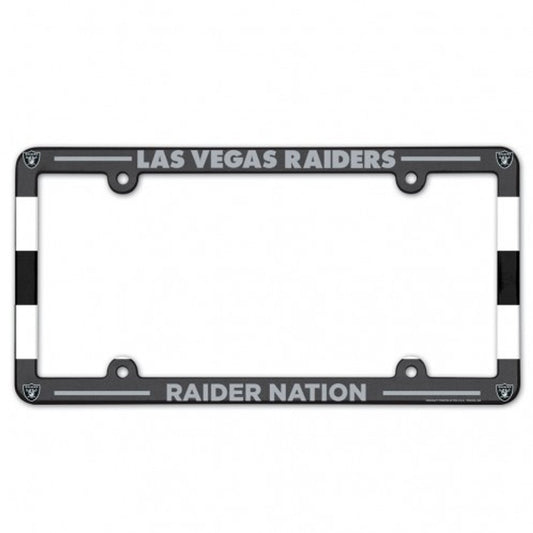 Las Vegas Raiders NFL License Plate Frame in team colors, name, and logo. Heavy-duty plastic, fits 6" x 12" plates. Made in the USA.