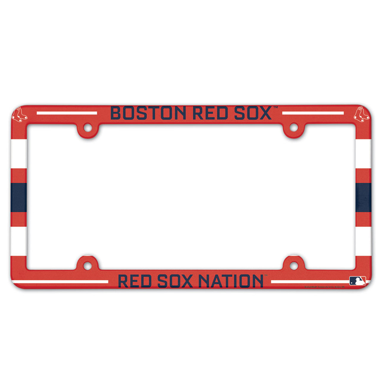 Boston Red Sox MLB License Plate Frame in team colors, heavy-duty plastic, fits standard plates, made in the USA.