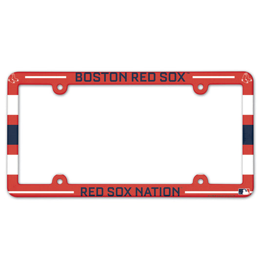 Boston Red Sox MLB License Plate Frame in team colors, heavy-duty plastic, fits standard plates, made in the USA.